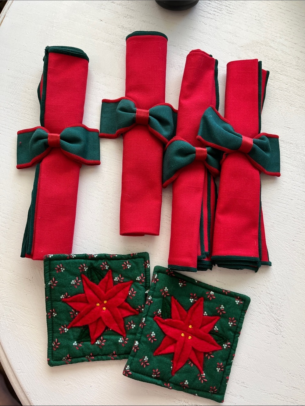 Holiday Red and Green Bow Napkin Rings and Poinsettia Coasters Set